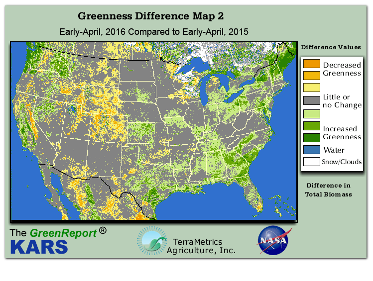 Color-coded U.S. vegetation greeness index map for Period 15 of 2016, illustrating spatial variations in plant vigor, with greener tones indicating higher biomass and browner tones indicating stressed vegetation,
              comparing current crop/vegetation change in biomass to same period from the previous year.