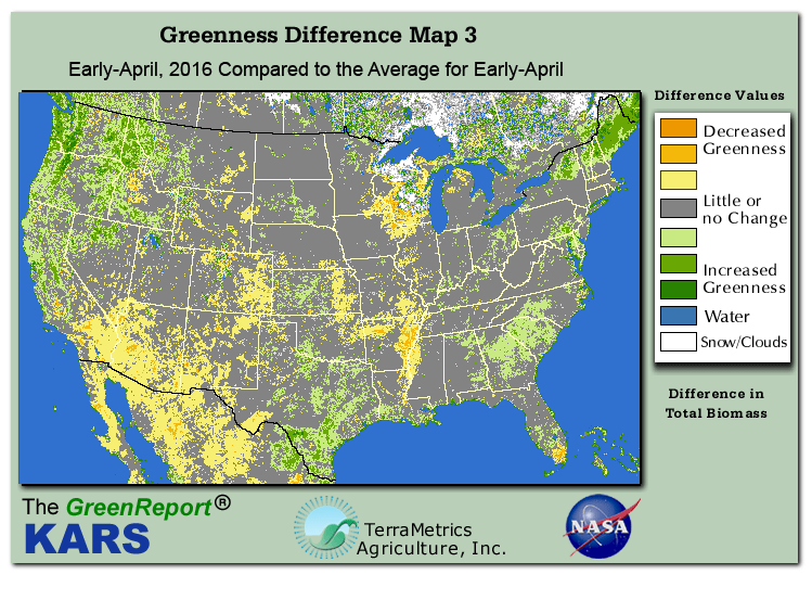 Color-coded U.S. vegetation greeness index map for Period 15 of 2016, illustrating spatial variations in plant vigor, with greener tones indicating higher biomass and browner tones indicating stressed vegetation,
              comparing current crop/vegetation change in biomass to the 20-year greenness average.