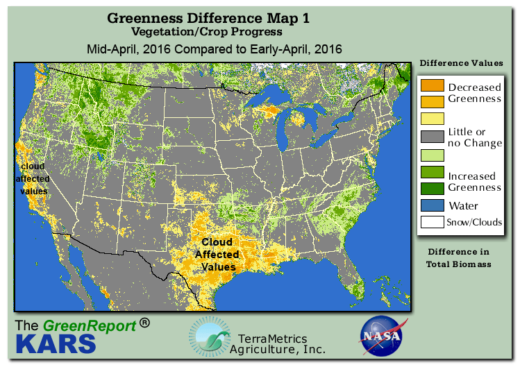 Color-coded U.S. vegetation greeness index map for Period 16 of 2016, illustrating spatial variations in plant vigor, with greener tones indicating higher biomass and browner tones indicating stressed vegetation,
              comparing current crop/vegetation change in biomass to the previous week within the same year.