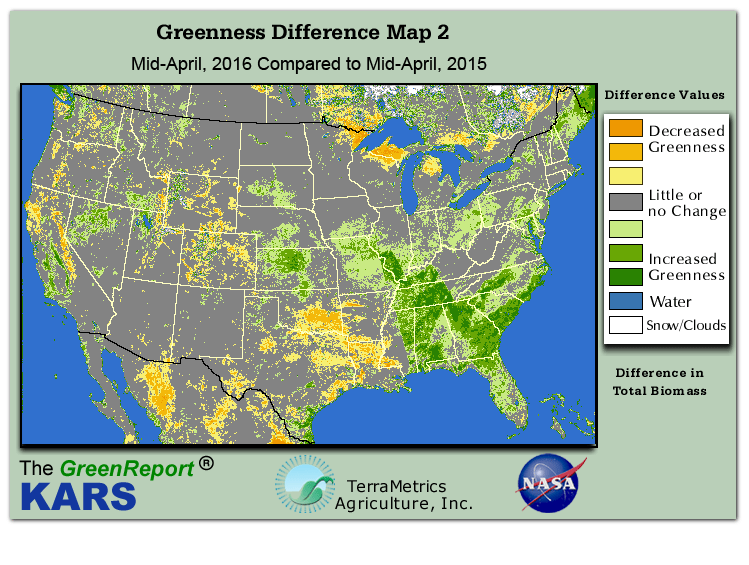 Color-coded U.S. vegetation greeness index map for Period 16 of 2016, illustrating spatial variations in plant vigor, with greener tones indicating higher biomass and browner tones indicating stressed vegetation,
              comparing current crop/vegetation change in biomass to same period from the previous year.