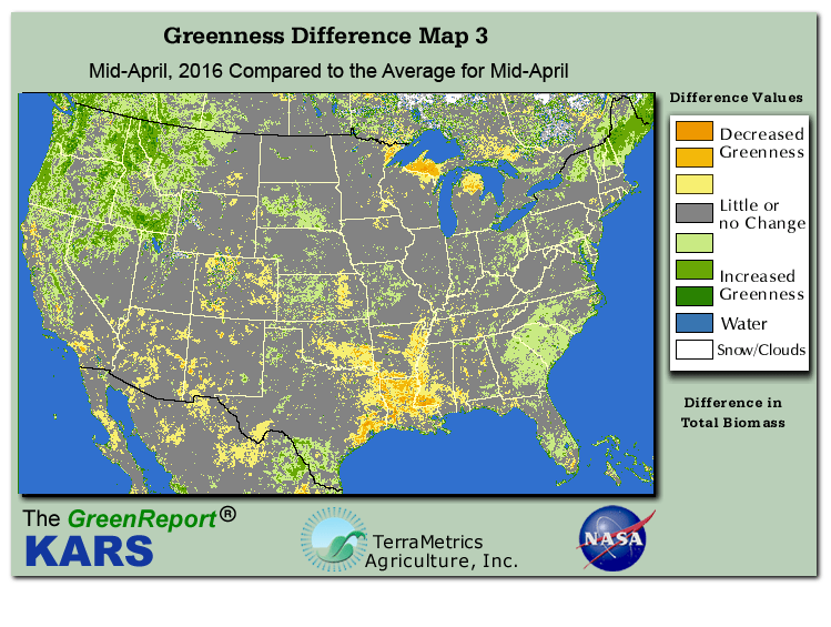 Color-coded U.S. vegetation greeness index map for Period 16 of 2016, illustrating spatial variations in plant vigor, with greener tones indicating higher biomass and browner tones indicating stressed vegetation,
              comparing current crop/vegetation change in biomass to the 20-year greenness average.