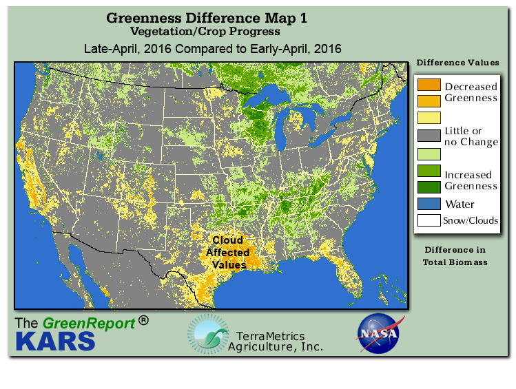 Color-coded U.S. vegetation greeness index map for Period 17 of 2016, illustrating spatial variations in plant vigor, with greener tones indicating higher biomass and browner tones indicating stressed vegetation,
              comparing current crop/vegetation change in biomass to the previous week within the same year.