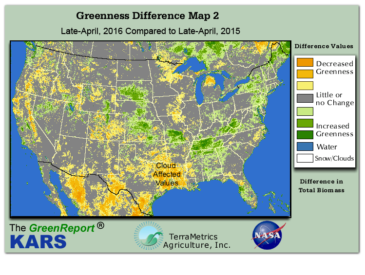 Color-coded U.S. vegetation greeness index map for Period 17 of 2016, illustrating spatial variations in plant vigor, with greener tones indicating higher biomass and browner tones indicating stressed vegetation,
              comparing current crop/vegetation change in biomass to same period from the previous year.