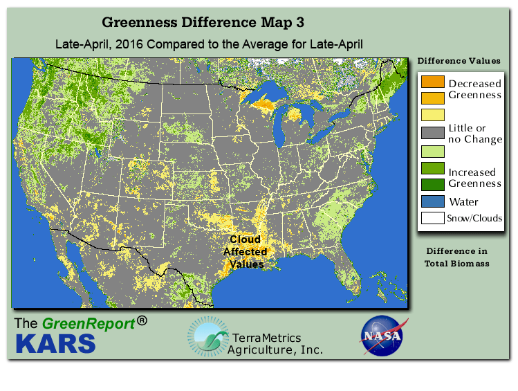 Color-coded U.S. vegetation greeness index map for Period 17 of 2016, illustrating spatial variations in plant vigor, with greener tones indicating higher biomass and browner tones indicating stressed vegetation,
              comparing current crop/vegetation change in biomass to the 20-year greenness average.