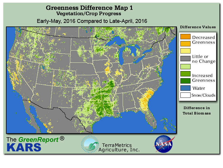 Color-coded U.S. vegetation greeness index map for Period 18 of 2016, illustrating spatial variations in plant vigor, with greener tones indicating higher biomass and browner tones indicating stressed vegetation,
              comparing current crop/vegetation change in biomass to the previous week within the same year.