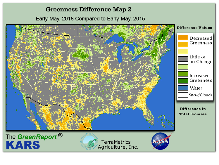 Color-coded U.S. vegetation greeness index map for Period 18 of 2016, illustrating spatial variations in plant vigor, with greener tones indicating higher biomass and browner tones indicating stressed vegetation,
              comparing current crop/vegetation change in biomass to same period from the previous year.