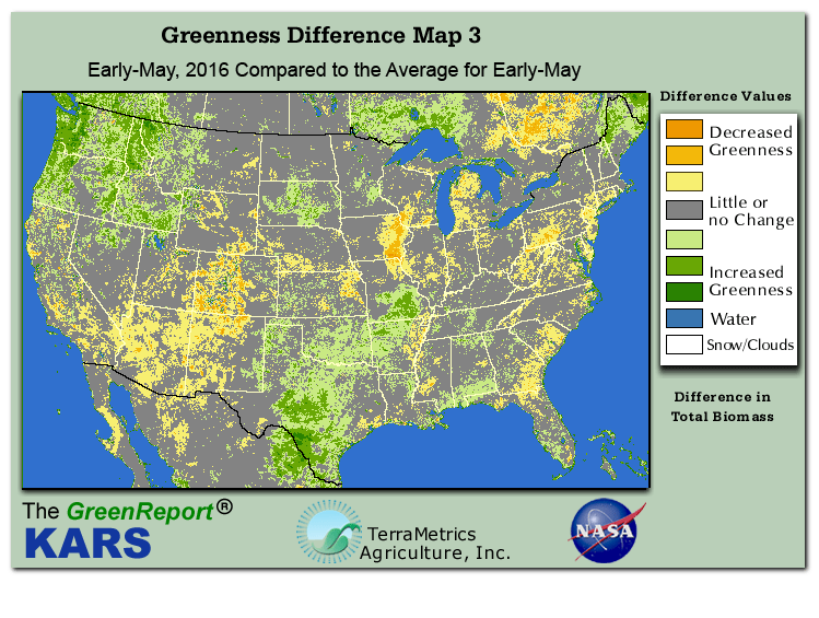 Color-coded U.S. vegetation greeness index map for Period 18 of 2016, illustrating spatial variations in plant vigor, with greener tones indicating higher biomass and browner tones indicating stressed vegetation,
              comparing current crop/vegetation change in biomass to the 20-year greenness average.
