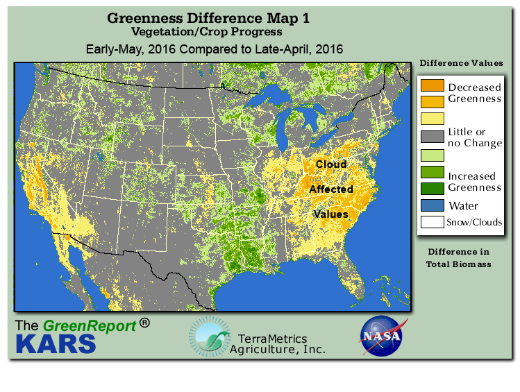 Color-coded U.S. vegetation greeness index map for Period 19 of 2016, illustrating spatial variations in plant vigor, with greener tones indicating higher biomass and browner tones indicating stressed vegetation,
              comparing current crop/vegetation change in biomass to the previous week within the same year.