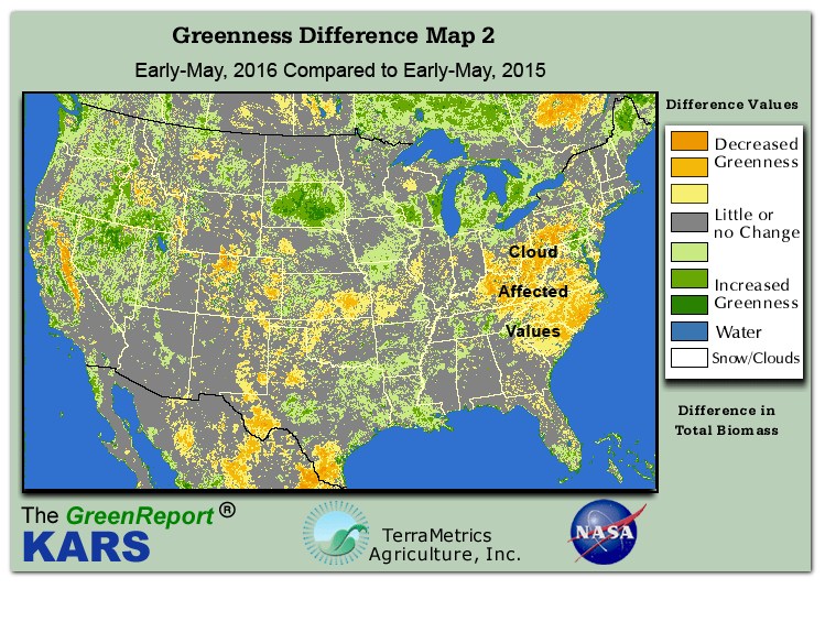 Color-coded U.S. vegetation greeness index map for Period 19 of 2016, illustrating spatial variations in plant vigor, with greener tones indicating higher biomass and browner tones indicating stressed vegetation,
              comparing current crop/vegetation change in biomass to same period from the previous year.