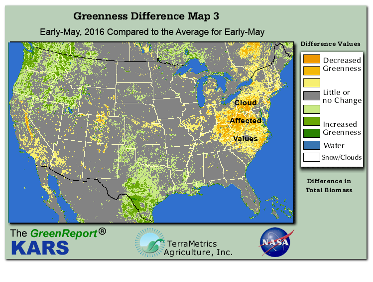 Color-coded U.S. vegetation greeness index map for Period 19 of 2016, illustrating spatial variations in plant vigor, with greener tones indicating higher biomass and browner tones indicating stressed vegetation,
              comparing current crop/vegetation change in biomass to the 20-year greenness average.