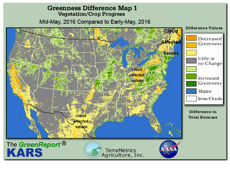 Color-coded U.S. vegetation greeness index map for Period 20 of 2016, illustrating spatial variations in plant vigor, with greener tones indicating higher biomass and browner tones indicating stressed vegetation,
              comparing current crop/vegetation change in biomass to the previous week within the same year.