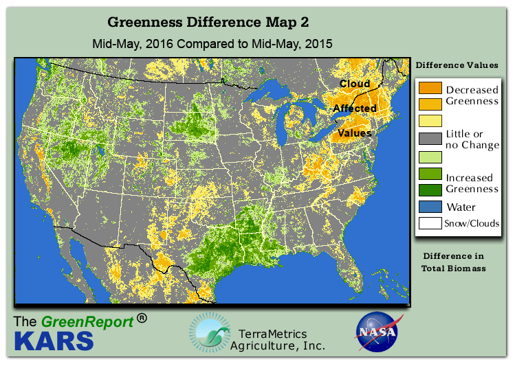 Color-coded U.S. vegetation greeness index map for Period 20 of 2016, illustrating spatial variations in plant vigor, with greener tones indicating higher biomass and browner tones indicating stressed vegetation,
              comparing current crop/vegetation change in biomass to same period from the previous year.