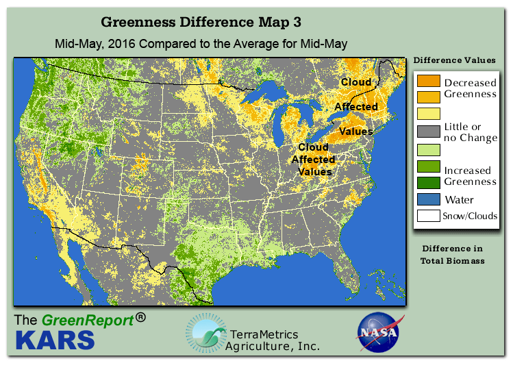 Color-coded U.S. vegetation greeness index map for Period 20 of 2016, illustrating spatial variations in plant vigor, with greener tones indicating higher biomass and browner tones indicating stressed vegetation,
              comparing current crop/vegetation change in biomass to the 20-year greenness average.