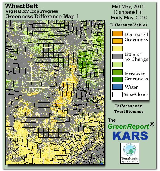 Color-coded Wheat Belt vegetation greeness index map for Period 20 of 2016, illustrating spatial variations in plant vigor, with greener tones indicating higher biomass and browner tones indicating stressed vegetation,
              comparing current crop/vegetation change in biomass to the previous week within the same year.