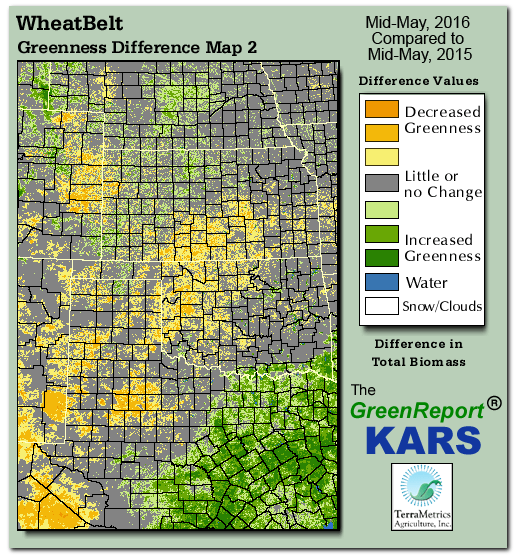 Color-coded Wheat Belt vegetation greeness index map for Period 20 of 2016, illustrating spatial variations in plant vigor, with greener tones indicating higher biomass and browner tones indicating stressed vegetation,
              comparing current crop/vegetation change in biomass to same period from the previous year.