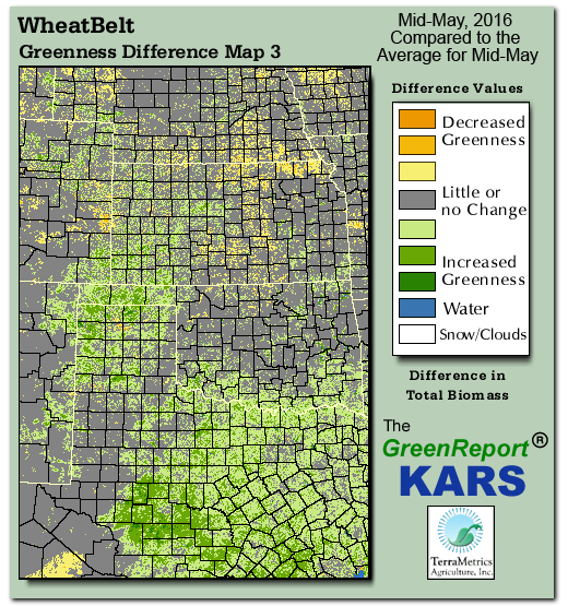 Color-coded Wheat Belt vegetation greeness index map for Period 20 of 2016, illustrating spatial variations in plant vigor, with greener tones indicating higher biomass and browner tones indicating stressed vegetation,
              comparing current crop/vegetation change in biomass to the 20-year greenness average.