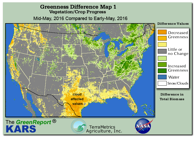 Color-coded U.S. vegetation greeness index map for Period 21 of 2016, illustrating spatial variations in plant vigor, with greener tones indicating higher biomass and browner tones indicating stressed vegetation,
              comparing current crop/vegetation change in biomass to the previous week within the same year.