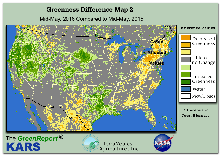Color-coded U.S. vegetation greeness index map for Period 21 of 2016, illustrating spatial variations in plant vigor, with greener tones indicating higher biomass and browner tones indicating stressed vegetation,
              comparing current crop/vegetation change in biomass to same period from the previous year.
