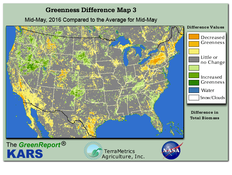 Color-coded U.S. vegetation greeness index map for Period 21 of 2016, illustrating spatial variations in plant vigor, with greener tones indicating higher biomass and browner tones indicating stressed vegetation,
              comparing current crop/vegetation change in biomass to the 20-year greenness average.