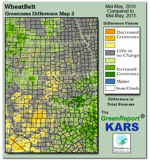 Color-coded Wheat Belt vegetation greeness index map for Period 21 of 2016, illustrating spatial variations in plant vigor, with greener tones indicating higher biomass and browner tones indicating stressed vegetation,
              comparing current crop/vegetation change in biomass to same period from the previous year.