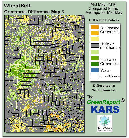 Color-coded Wheat Belt vegetation greeness index map for Period 21 of 2016, illustrating spatial variations in plant vigor, with greener tones indicating higher biomass and browner tones indicating stressed vegetation,
              comparing current crop/vegetation change in biomass to the 20-year greenness average.
