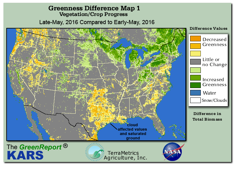 Color-coded U.S. vegetation greeness index map for Period 22 of 2016, illustrating spatial variations in plant vigor, with greener tones indicating higher biomass and browner tones indicating stressed vegetation,
              comparing current crop/vegetation change in biomass to the previous week within the same year.