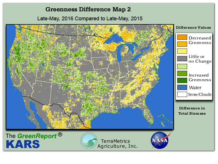 Color-coded U.S. vegetation greeness index map for Period 22 of 2016, illustrating spatial variations in plant vigor, with greener tones indicating higher biomass and browner tones indicating stressed vegetation,
              comparing current crop/vegetation change in biomass to same period from the previous year.