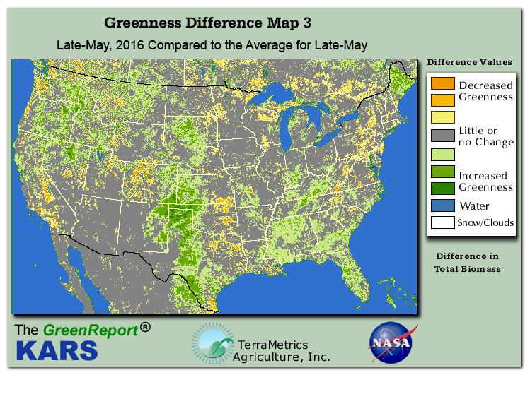 Color-coded U.S. vegetation greeness index map for Period 22 of 2016, illustrating spatial variations in plant vigor, with greener tones indicating higher biomass and browner tones indicating stressed vegetation,
              comparing current crop/vegetation change in biomass to the 20-year greenness average.