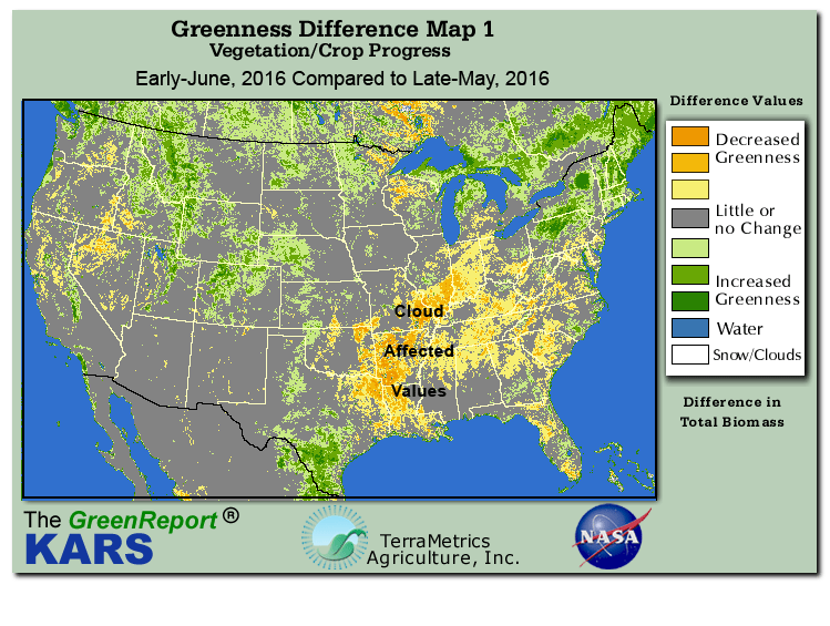 Color-coded U.S. vegetation greeness index map for Period 23 of 2016, illustrating spatial variations in plant vigor, with greener tones indicating higher biomass and browner tones indicating stressed vegetation,
              comparing current crop/vegetation change in biomass to the previous week within the same year.