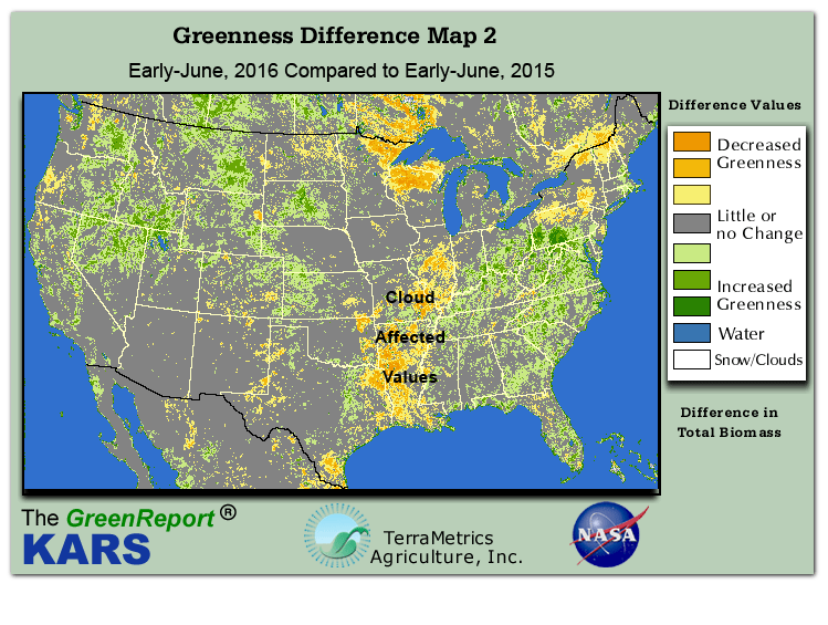 Color-coded U.S. vegetation greeness index map for Period 23 of 2016, illustrating spatial variations in plant vigor, with greener tones indicating higher biomass and browner tones indicating stressed vegetation,
              comparing current crop/vegetation change in biomass to same period from the previous year.