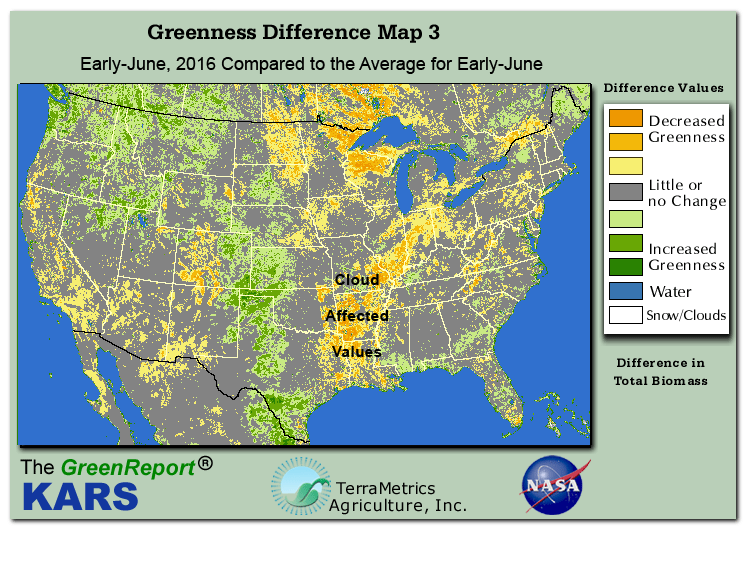 Color-coded U.S. vegetation greeness index map for Period 23 of 2016, illustrating spatial variations in plant vigor, with greener tones indicating higher biomass and browner tones indicating stressed vegetation,
              comparing current crop/vegetation change in biomass to the 20-year greenness average.