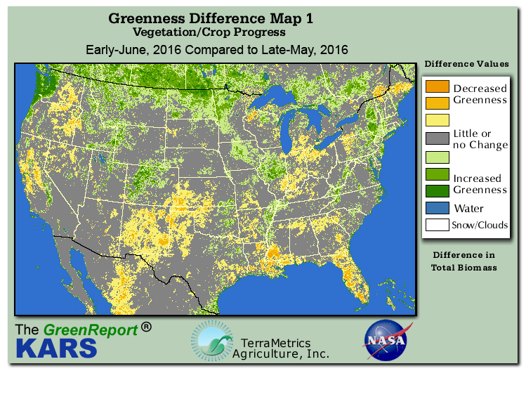 Color-coded U.S. vegetation greeness index map for Period 24 of 2016, illustrating spatial variations in plant vigor, with greener tones indicating higher biomass and browner tones indicating stressed vegetation,
              comparing current crop/vegetation change in biomass to the previous week within the same year.