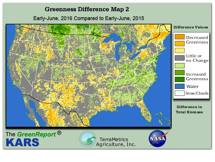 Color-coded U.S. vegetation greeness index map for Period 24 of 2016, illustrating spatial variations in plant vigor, with greener tones indicating higher biomass and browner tones indicating stressed vegetation,
              comparing current crop/vegetation change in biomass to same period from the previous year.