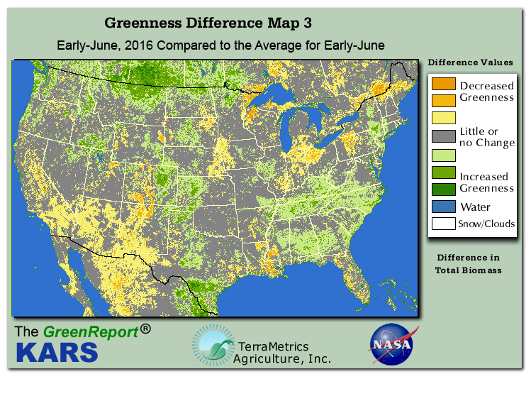 Color-coded U.S. vegetation greeness index map for Period 24 of 2016, illustrating spatial variations in plant vigor, with greener tones indicating higher biomass and browner tones indicating stressed vegetation,
              comparing current crop/vegetation change in biomass to the 20-year greenness average.