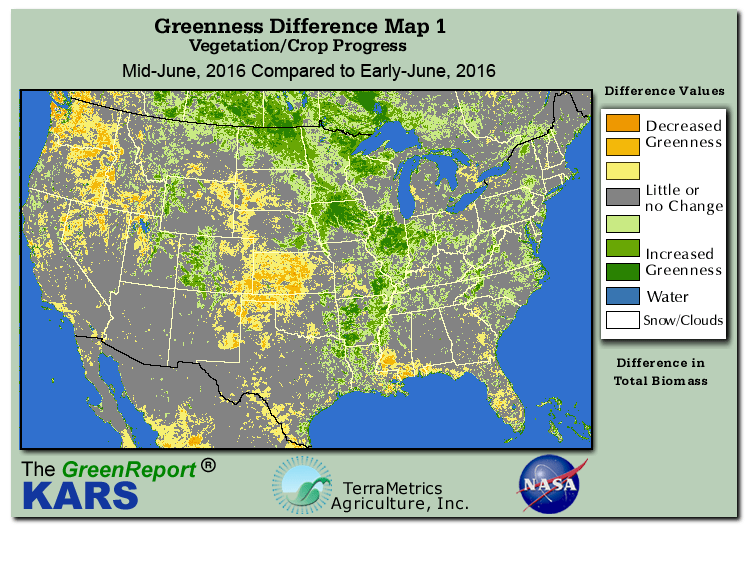 Color-coded U.S. vegetation greeness index map for Period 25 of 2016, illustrating spatial variations in plant vigor, with greener tones indicating higher biomass and browner tones indicating stressed vegetation,
              comparing current crop/vegetation change in biomass to the previous week within the same year.