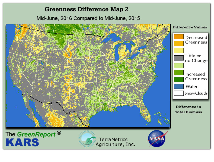 Color-coded U.S. vegetation greeness index map for Period 25 of 2016, illustrating spatial variations in plant vigor, with greener tones indicating higher biomass and browner tones indicating stressed vegetation,
              comparing current crop/vegetation change in biomass to same period from the previous year.
