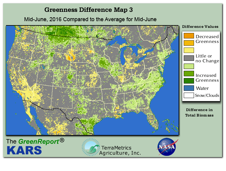 Color-coded U.S. vegetation greeness index map for Period 25 of 2016, illustrating spatial variations in plant vigor, with greener tones indicating higher biomass and browner tones indicating stressed vegetation,
              comparing current crop/vegetation change in biomass to the 20-year greenness average.