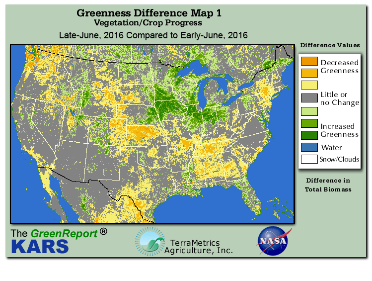 Color-coded U.S. vegetation greeness index map for Period 26 of 2016, illustrating spatial variations in plant vigor, with greener tones indicating higher biomass and browner tones indicating stressed vegetation,
              comparing current crop/vegetation change in biomass to the previous week within the same year.