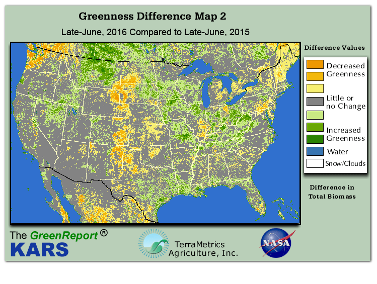 Color-coded U.S. vegetation greeness index map for Period 26 of 2016, illustrating spatial variations in plant vigor, with greener tones indicating higher biomass and browner tones indicating stressed vegetation,
              comparing current crop/vegetation change in biomass to same period from the previous year.