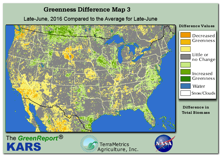 Color-coded U.S. vegetation greeness index map for Period 26 of 2016, illustrating spatial variations in plant vigor, with greener tones indicating higher biomass and browner tones indicating stressed vegetation,
              comparing current crop/vegetation change in biomass to the 20-year greenness average.
