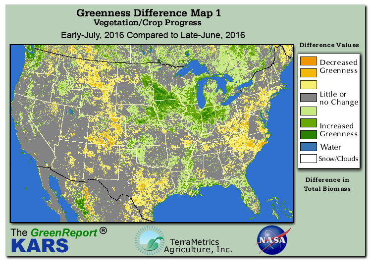Color-coded U.S. vegetation greeness index map for Period 27 of 2016, illustrating spatial variations in plant vigor, with greener tones indicating higher biomass and browner tones indicating stressed vegetation,
              comparing current crop/vegetation change in biomass to the previous week within the same year.