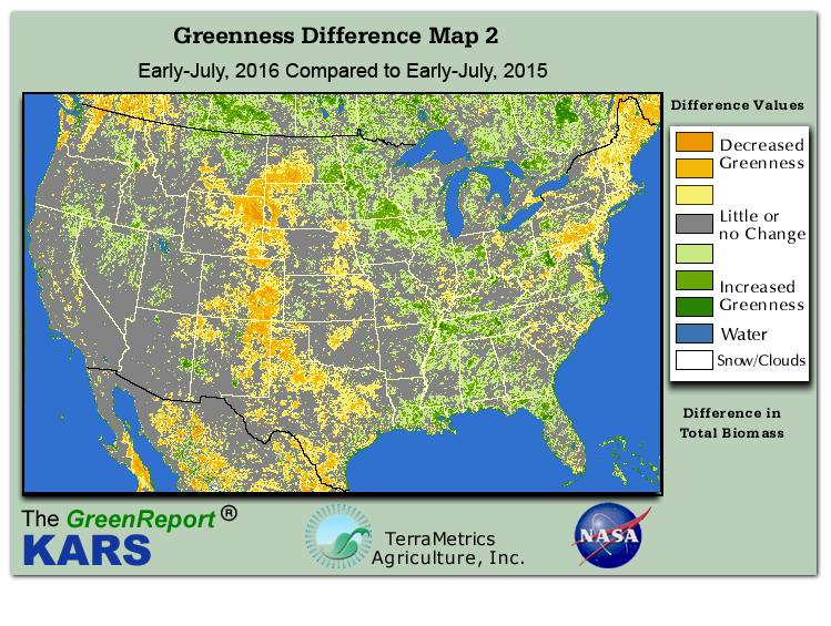 Color-coded U.S. vegetation greeness index map for Period 27 of 2016, illustrating spatial variations in plant vigor, with greener tones indicating higher biomass and browner tones indicating stressed vegetation,
              comparing current crop/vegetation change in biomass to same period from the previous year.