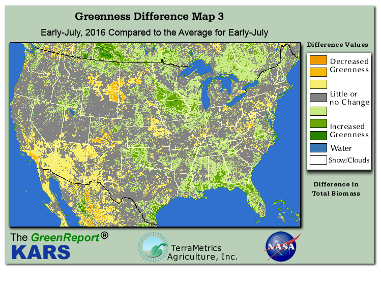 Color-coded U.S. vegetation greeness index map for Period 27 of 2016, illustrating spatial variations in plant vigor, with greener tones indicating higher biomass and browner tones indicating stressed vegetation,
              comparing current crop/vegetation change in biomass to the 20-year greenness average.