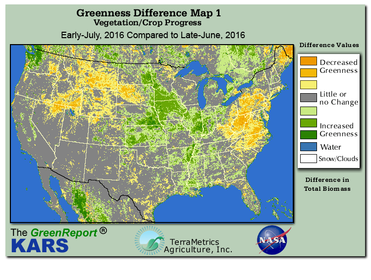 Color-coded U.S. vegetation greeness index map for Period 28 of 2016, illustrating spatial variations in plant vigor, with greener tones indicating higher biomass and browner tones indicating stressed vegetation,
              comparing current crop/vegetation change in biomass to the previous week within the same year.