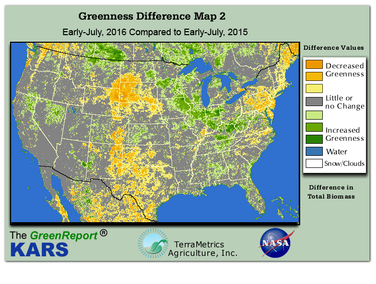 Color-coded U.S. vegetation greeness index map for Period 28 of 2016, illustrating spatial variations in plant vigor, with greener tones indicating higher biomass and browner tones indicating stressed vegetation,
              comparing current crop/vegetation change in biomass to same period from the previous year.