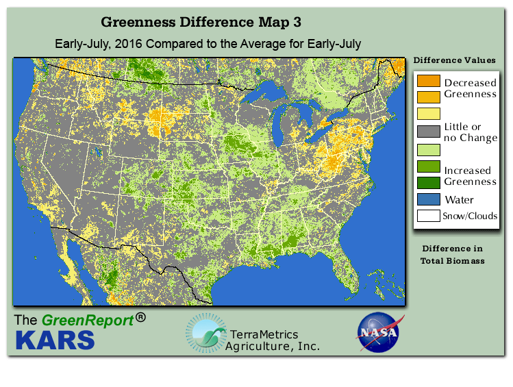 Color-coded U.S. vegetation greeness index map for Period 28 of 2016, illustrating spatial variations in plant vigor, with greener tones indicating higher biomass and browner tones indicating stressed vegetation,
              comparing current crop/vegetation change in biomass to the 20-year greenness average.