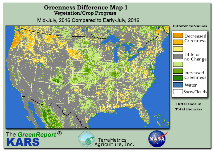 Color-coded U.S. vegetation greeness index map for Period 29 of 2016, illustrating spatial variations in plant vigor, with greener tones indicating higher biomass and browner tones indicating stressed vegetation,
              comparing current crop/vegetation change in biomass to the previous week within the same year.