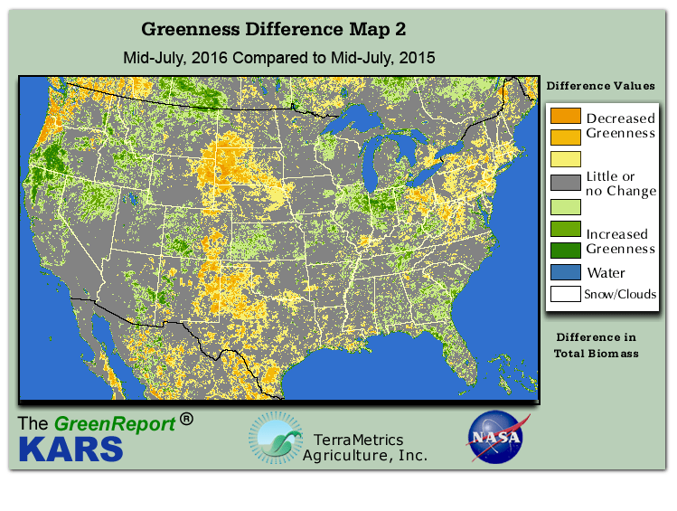 Color-coded U.S. vegetation greeness index map for Period 29 of 2016, illustrating spatial variations in plant vigor, with greener tones indicating higher biomass and browner tones indicating stressed vegetation,
              comparing current crop/vegetation change in biomass to same period from the previous year.