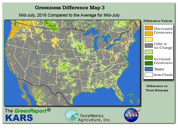 Color-coded U.S. vegetation greeness index map for Period 29 of 2016, illustrating spatial variations in plant vigor, with greener tones indicating higher biomass and browner tones indicating stressed vegetation,
              comparing current crop/vegetation change in biomass to the 20-year greenness average.