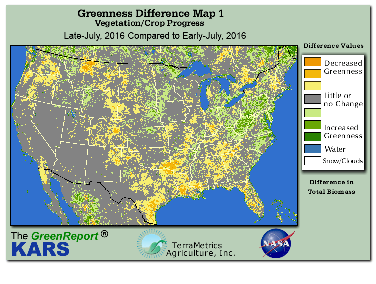 Color-coded U.S. vegetation greeness index map for Period 30 of 2016, illustrating spatial variations in plant vigor, with greener tones indicating higher biomass and browner tones indicating stressed vegetation,
              comparing current crop/vegetation change in biomass to the previous week within the same year.